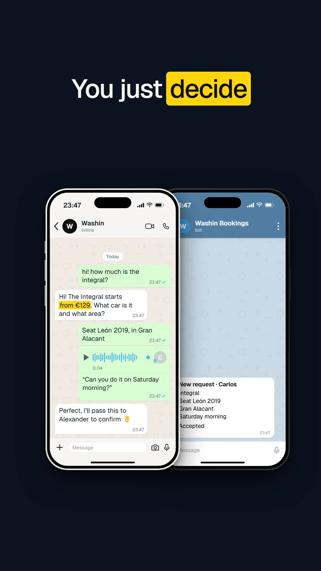 Two phones: a customer books with Washin on WhatsApp and the owner gets the request, already written up, on Telegram.
